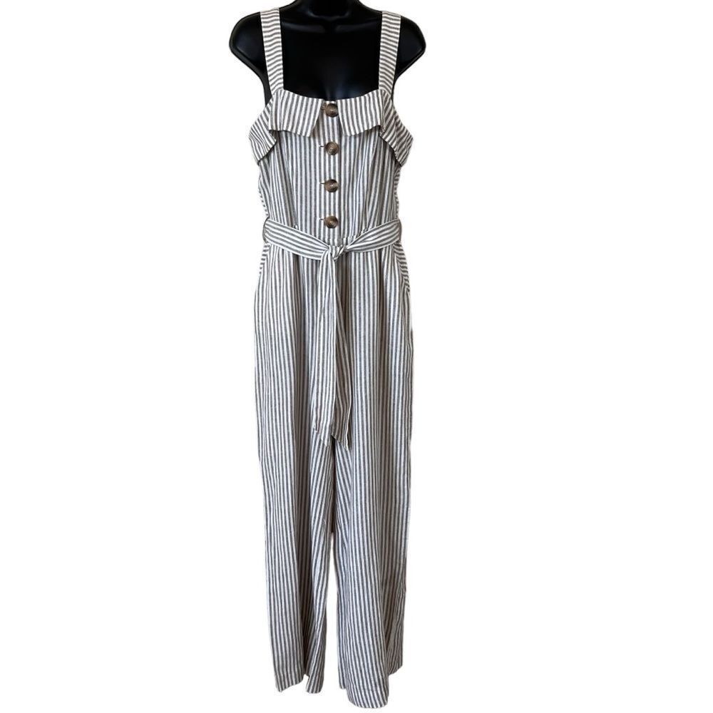Vince Camuto Natural Linen Stripe Tie Front Jumpsuit Natural
